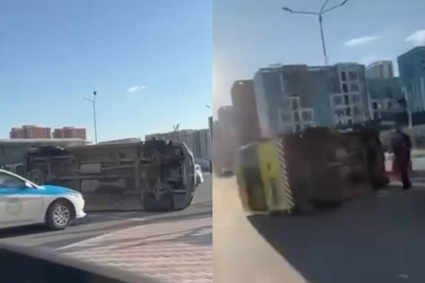 Астанада жедел жәрдем көлігі аударылып, адамдар зардап шекті (ВИДЕО)