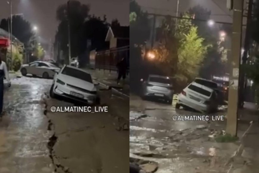 Алматыда жауын салдарынан 20-дан астам көлік жер астына түсіп кетті (ВИДЕО)
