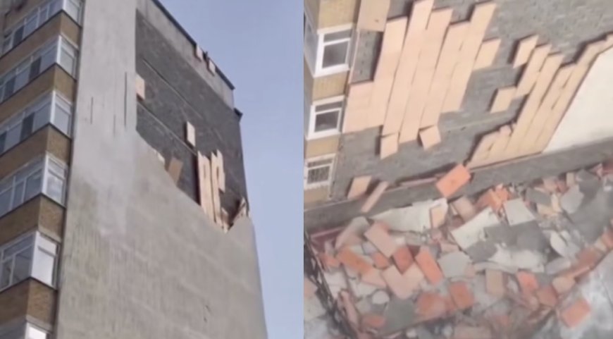 Астанада қатты желден көпқабатты үйдің қасбеті опырылып түсті